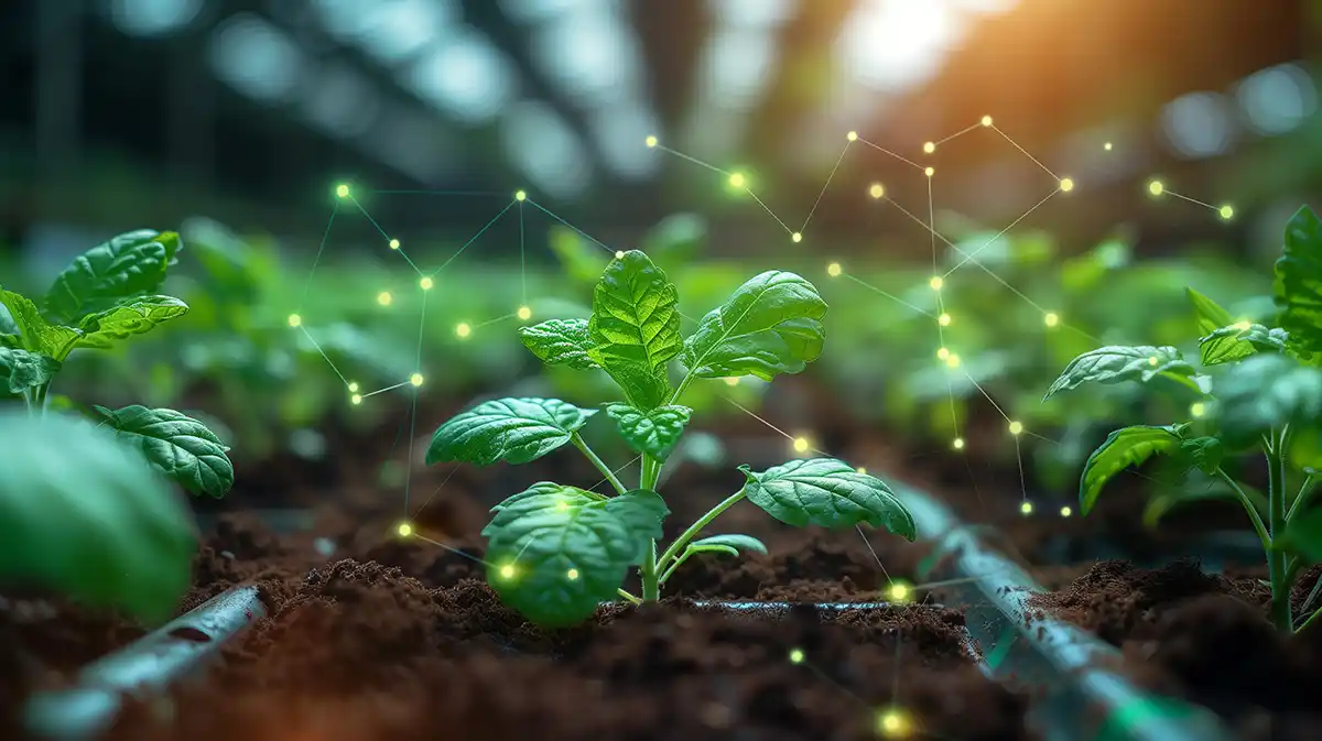 Fresh sprouting plants overlaid with a glowing digital network, representing the integration of technology and agriculture